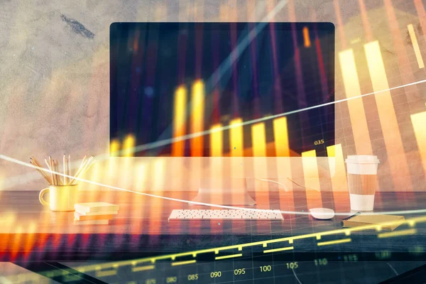 Financial market graph hologram and personal computer on background. Double exposure. Concept of forex.