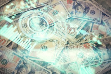 İşletme temasının çoklu pozu bize dolar banknotları üzerinden geçiyor. Finansal başarı kavramı.