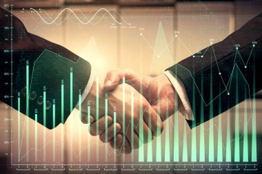 Forx grafik hologramı ve iki adamın el sıkışması. Borsa konsepti.