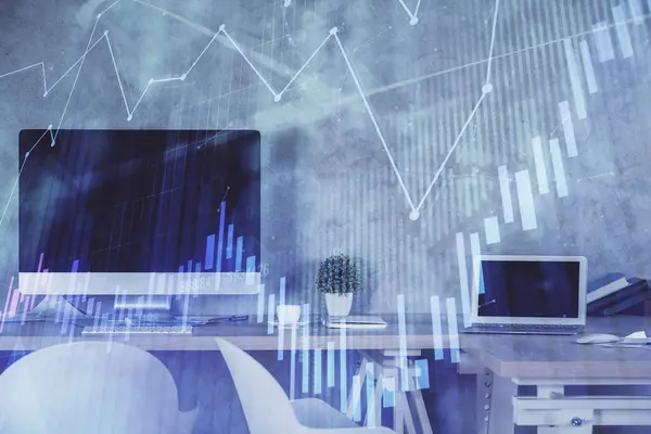 Multi exposure of financial graph drawing and office interior background. Concept of market analysis.