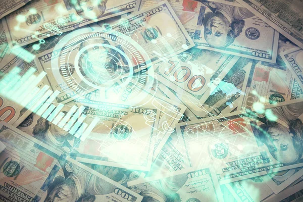 İşletme temasının çoklu pozu bize dolar banknotları üzerinden geçiyor. Finansal başarı kavramı.