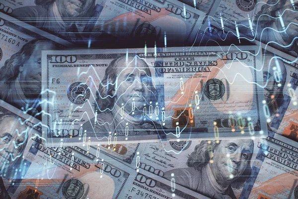 Forx grafiğinin çok sayıda görüntüsü bize dolar banknotları arka planında görünüyor. Finansal başarı piyasası kavramı.