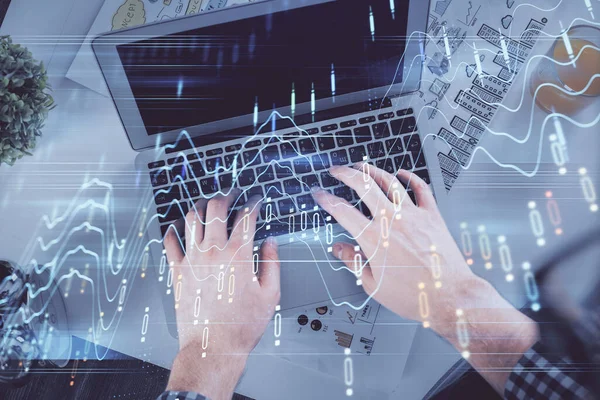 Dupla exposição dos homens mãos digitando sobre teclado laptop e gráfico forex holograma desenho. Vista superior. Conceito de mercados financeiros. — Fotografia de Stock