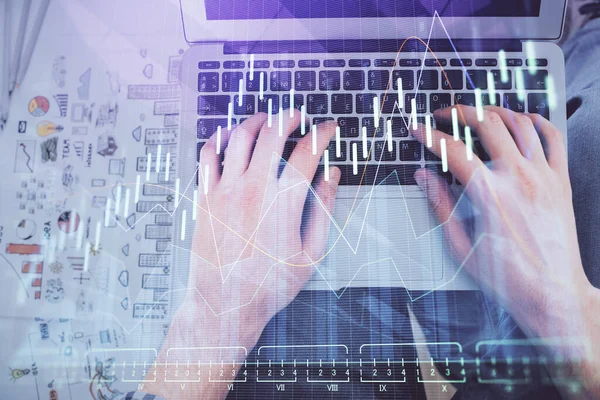 Double exposure of mans hands typing over laptop keyboard and forex chart hologram drawing. Top view. Financial markets concept. — Stock Photo, Image