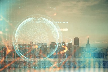 Şehir görünümünde harita ve veri temalı hologram ile gökdelenler arka planda çift pozlama. İş kavramında uluslararası teknoloji.