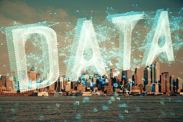 Data theme hologram drawing on city view with skyscrapers background multi exposure. Bigdata concept. — Stock Photo, Image