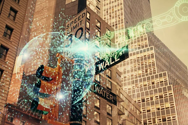 Data thema hologram tekening op uitzicht op de stad met wolkenkrabbers achtergrond multi blootstelling. Bigdata-concept. — Stockfoto