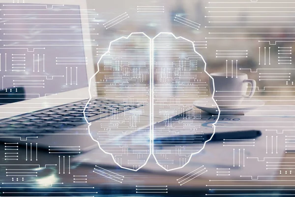 Double exposure of desktop with computer and brain drawing hologram. Artificial intelligence concept. — Stock Photo, Image