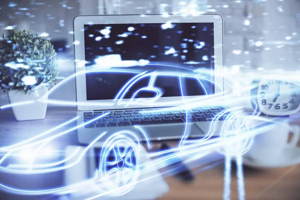 Otomobil hologramı çizimi olan masaüstü bilgisayar arkaplanı. Çoklu maruz kalma. Teknoloji kavramı.