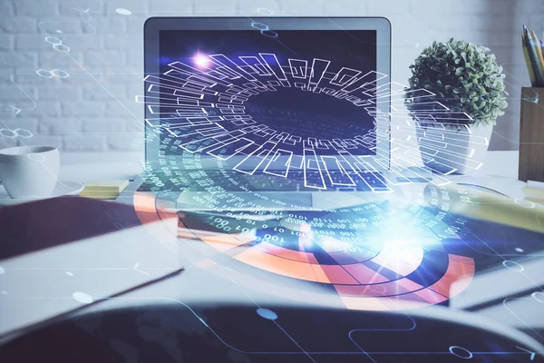 Kişisel bilgisayar ve teknik tema çizimi ile masaüstü çok açıkta. Büyük Veri Kavramı.