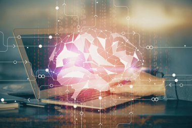 Adam klavyede beyin hologramıyla yazı yazıyor. Büyük Data kavramı. Çift pozlama.