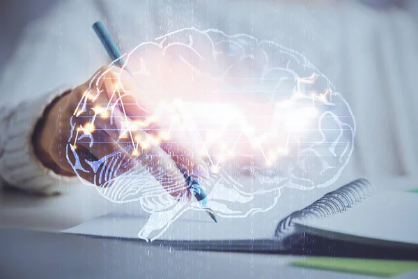 Exposición múltiple de escritura mano sobre fondo con holograma cerebral. Concepto de autoaprendizaje. — Foto de Stock