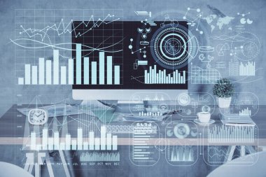 Finansal grafik çizimi ve ofis içi arka planının çoklu pozu. Pazar analizi kavramı.