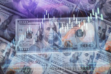 Forx grafiğinin çok sayıda görüntüsü bize dolar banknotları arka planında görünüyor. Finansal başarı piyasası kavramı.