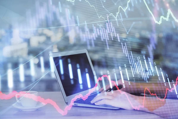 Double exposure of businesswoman hands typing on computer and forex chart hologram drawing. Financial analysis concept. — Stock Photo, Image