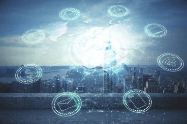 Sosyal ağ tema çizimi ve şehir manzarası arka planına çift pozlama. Bağlantı insanları kavramı.