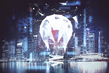 Ampul hologram çizimine ve şehir manzarasına çoklu maruz kalma. Fikir kavramı.