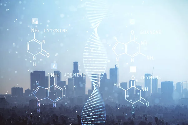 Doppelbelichtung von DNA-Zeichnung und Stadtbild-Hintergrund. Bildungskonzept. — Stockfoto