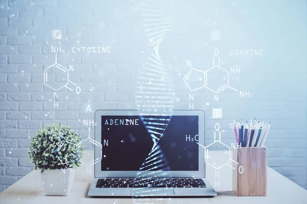 Desktop-Computer Hintergrund und DNA-Zeichnung. Doppelbelichtung. Wissenschaftskonzept. — Stockfoto