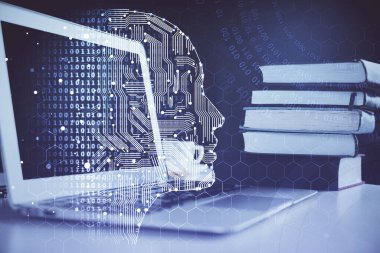 Bilgisayar ve insan beyninin hologram çizdiği çalışma alanının iki katına çıkarılması. Beyin fırtınası konsepti.