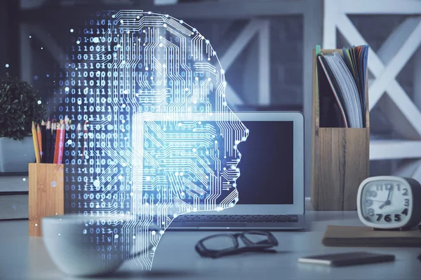 Doble exposición del espacio de trabajo con holograma de dibujo de computadora y cerebro humano. Concepto de tormenta de ideas. —  Fotos de Stock