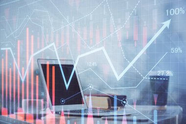 Bilgisayar geçmişi olan eski grafik hologramı. Çoklu maruz kalma. Finans piyasası kavramı.