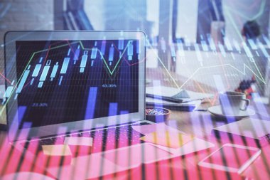 Eski pazar grafiği hologramı ve kişisel bilgisayar geçmişi. Çoklu maruz kalma. Yatırım kavramı.