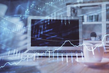 Eski pazar grafiği hologramı ve kişisel bilgisayar geçmişi. Çoklu maruz kalma. Yatırım kavramı.