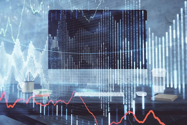 Holograma gráfico do mercado financeiro e computador pessoal em segundo plano. Exposição múltipla. Conceito de forex. — Fotografia de Stock