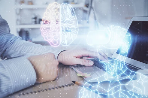 AR hologram with man working on computer on background. Augmented reality concept. Double exposure. — Stock Photo, Image