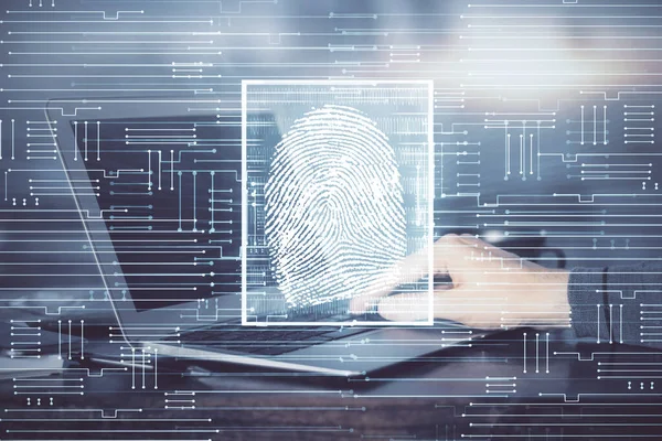 Fingerprint 홀로 그램은 배경 컴퓨터에서 일하는 사업가와 함께 만들어 졌습니다. 보안 개념. 두 번 노출. — 스톡 사진