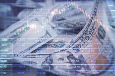 Önx grafiğinin arka plandaki dolarları iki katına çıkarması. Finans piyasası kavramı.