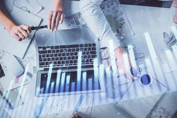 Double exposure of man and woman working together and financial graph hologram. Business concept. Computer background. — Stock Photo, Image