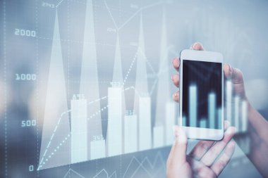 Ön x grafik çizimine çift pozlama hologram ve cep telefonu kullanan bir kadın. Borsa konsepti.