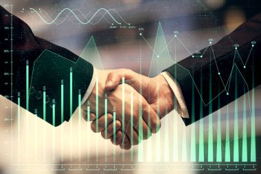 Forx grafik hologramı ve iki adamın el sıkışması. Borsa konsepti.