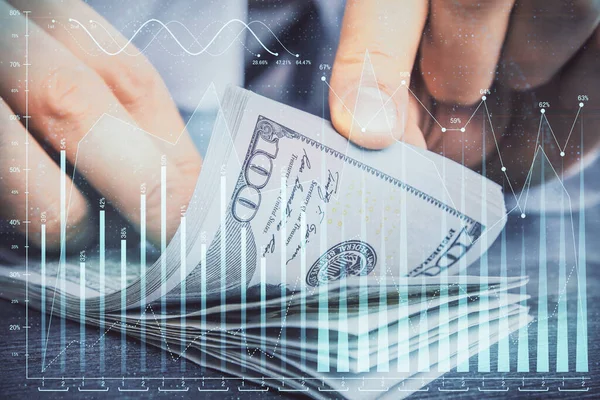 Multi exponering av forex diagram rita hologram och USA dollar räkningar och manshänder. Koncept för teknisk analys. — Stockfoto