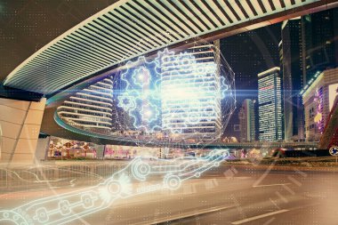 Veri temalı hologram gökdelenlerin arka planında çift pozlama ile şehir görünümüne çizim yapıyor. Ai kavramı.