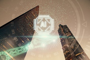 Veri temalı hologram gökdelenlerin arka planında çift pozlama ile şehir görünümüne çizim yapıyor. Ai kavramı.