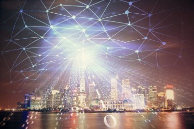Veri temalı hologram gökdelenler arka planda çoklu pozlama ile şehir görünümüne çizim yapıyor. Ai kavramı.