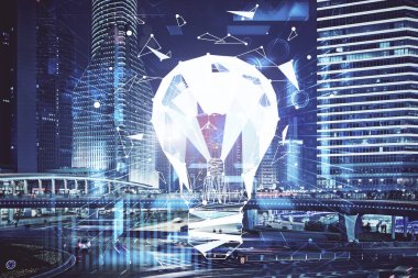 Ampul hologram çizimine ve şehir manzarasına çoklu maruz kalma. Fikir kavramı.