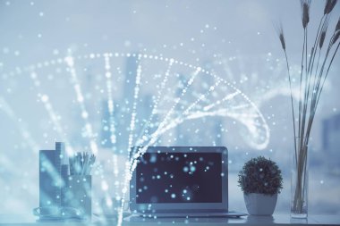 Masaüstü bilgisayar arkaplanı ve DNA çizimi. Çifte maruziyet. Bilim konsepti.