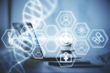 Masaüstü bilgisayar arkaplanı ve DNA çizimi. Çifte maruziyet. Bilim konsepti.