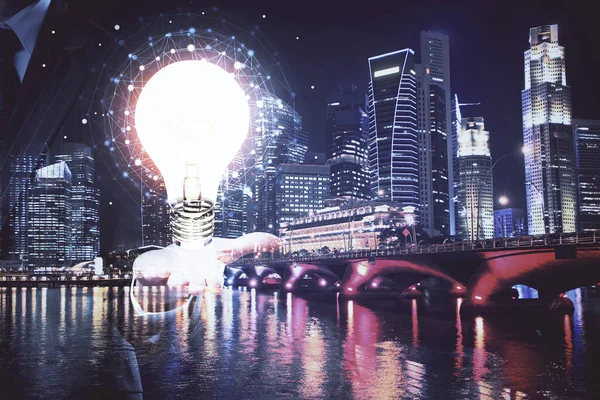 Ampul hologram çizimine ve şehir manzarasına çoklu maruz kalma. Fikir kavramı.