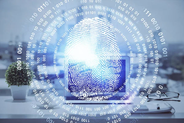 Ofisteki bilgisayarın parmak izi çizimi. Çifte maruziyet. İş veri güvenliği kavramı.