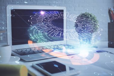 Kişisel bilgisayar ve teknik tema çizimi ile masaüstü çok açıkta. Büyük Veri Kavramı.