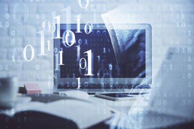 Masaüstü bilgisayar ve teknoloji temalı holograma çoklu maruz kalma. Yazılım geliştirme kavramı.