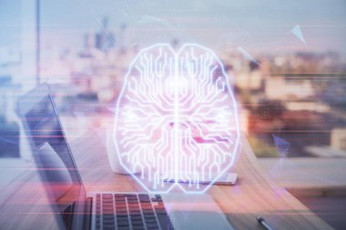 Bilgisayar ve insan beyin hologramıyla çalışma alanının çoklu açığı. Beyin fırtınası konsepti.