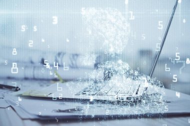 Bilgisayar ve teknoloji temalı holograma çifte maruz kalma. Serbest çalışma kavramı.