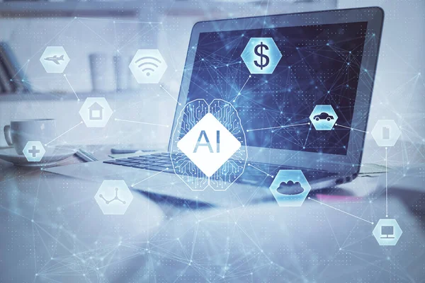 Bilgisayar ve teknoloji temalı çizimlere çifte maruz kalma. Yenilik kavramı.