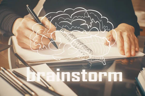 Start up creative drawing over close up hands on background. Concept of brainstorming. Multi exposure — Stock Photo, Image